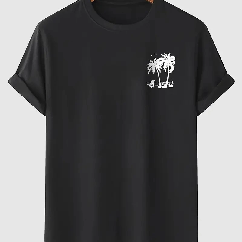 20/1 Penye Compack Palmiye Ön Baskılı Oversize Bisiklet Yaka Kısa Kol Yazlık T-shirt - Siyah -