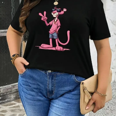 20/1 Penye Compack Pembe Panter Baskılı Oversize Bisiklet Yaka Kısa Kol Yazlık T-shirt - Beyaz -