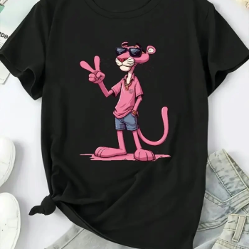 20/1 Penye Compack Pembe Panter Baskılı Oversize Bisiklet Yaka Kısa Kol Yazlık T-shirt - Beyaz -