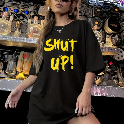 20/1 Penye Compack Shut up Baskılı Oversize Bisiklet Yaka Kısa Kol T-shirt - Siyah -