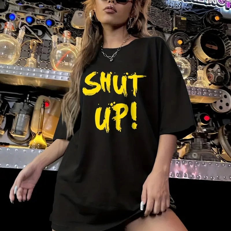 20/1 Penye Compack Shut up Baskılı Oversize Bisiklet Yaka Kısa Kol T-shirt - Siyah -