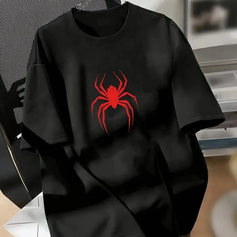 20/1 Penye Compack Spider Baskılı Oversize   Kısa Kol Yazlık T-shirt - Siyah -