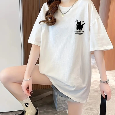 20/1 Penye Compack Tatlı Kedi Baskılı Oversize Bisiklet Yaka T-shirt - Beyaz -