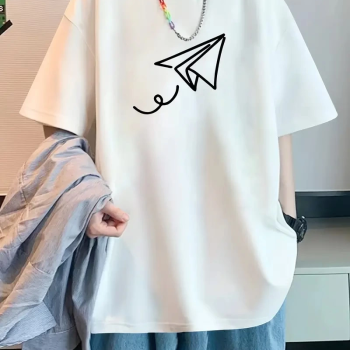 20/1 Penye Compack Uçak Baskılı Oversize Bisiklet Yaka Kısa Kol T-shirt - Beyaz -