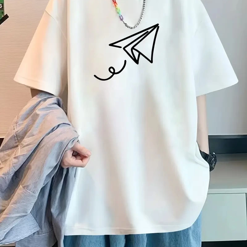 20/1 Penye Compack Uçak Baskılı Oversize Bisiklet Yaka Kısa Kol T-shirt - Beyaz -