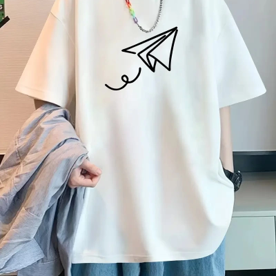 20/1 Penye Compack Uçak Baskılı Oversize Bisiklet Yaka Kısa Kol T-shirt - Beyaz -