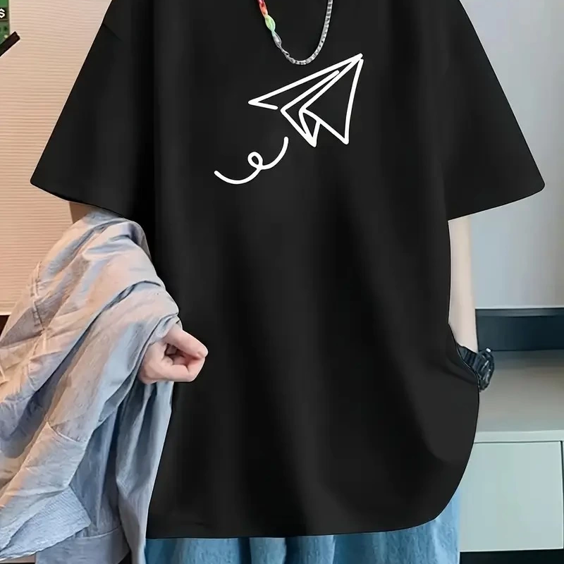 20/1 Penye Compack Uçak Baskılı Oversize Bisiklet Yaka Kısa Kol T-shirt - Siyah -