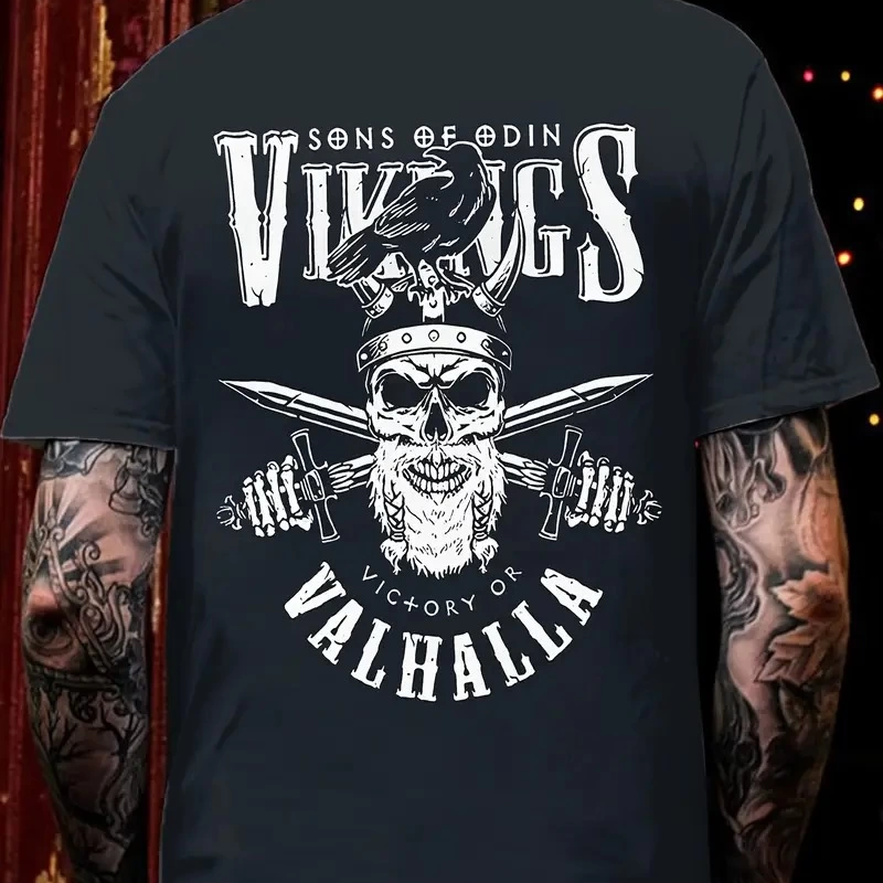 20/1 Penye Compack Vikings Valhalla Baskılı Oversize Bisiklet Yaka T-shirt - Siyah -