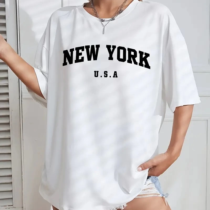 20/1 Penye CompackNew York Baskılı Oversize Kısa Kol Bisiklet Yaka T-shirt - Beyaz -
