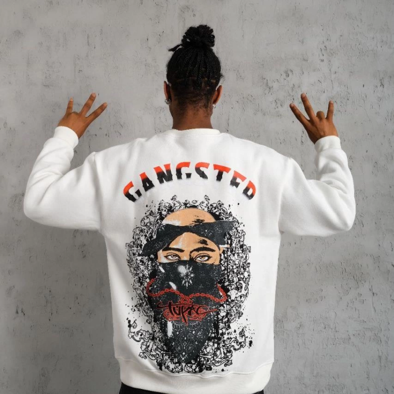 3 İplik Gangster Baskılı Sweatshirt - Beyaz -