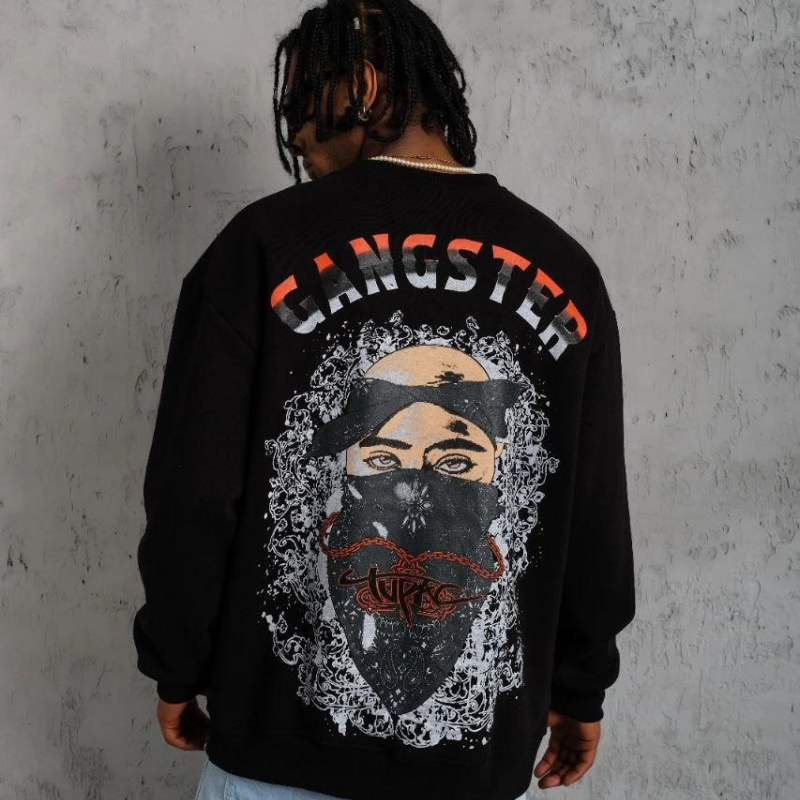 3 İplik Gangster Baskılı Sweatshirt - Siyah -