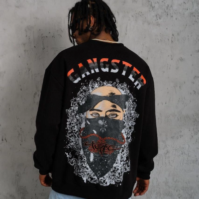 3 İplik Gangster Baskılı Sweatshirt - Siyah -