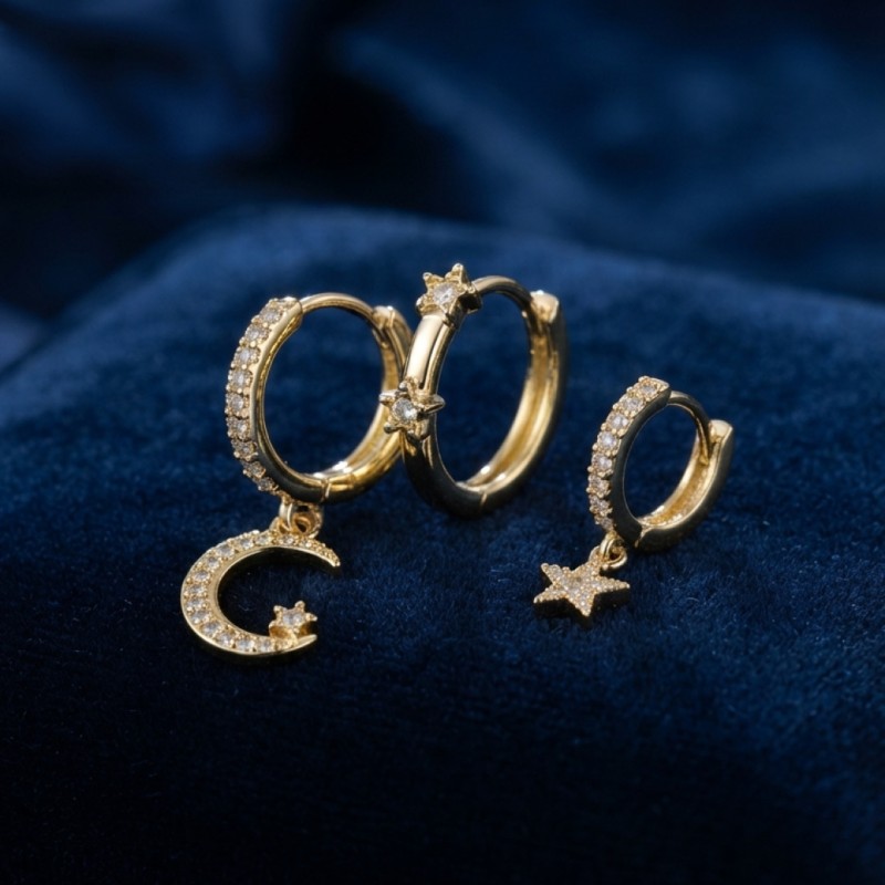 3 lü Ay ve Yıldız Model Gold Renk Set Küpe