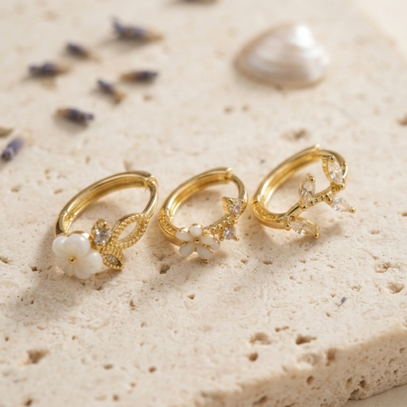 3 lü Set Çiçek Model Gold Renk Kadın Küpe