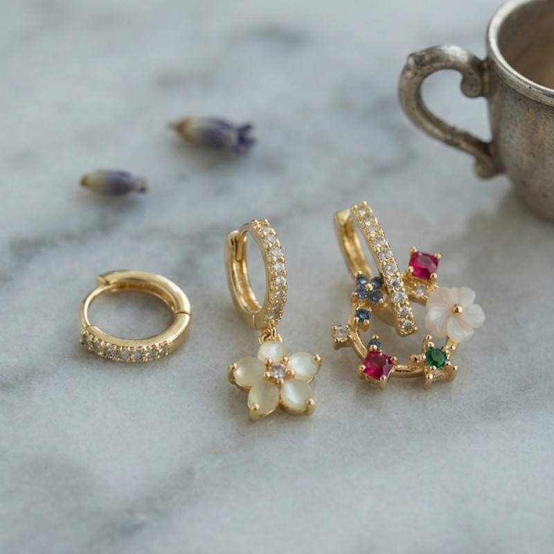 3 lü Set Gold Renk Çiçek Model Küpe