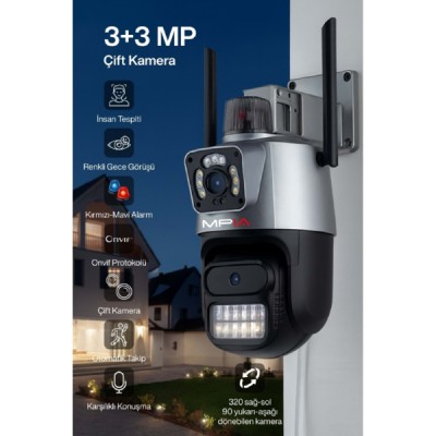  3 MP + 3 MP Çift Lens Wi-Fi TF Kart Girişli Güvenlik Kamerası 
