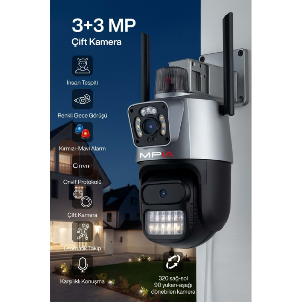  3 MP + 3 MP Çift Lens Wi-Fi TF Kart Girişli Güvenlik Kamerası 