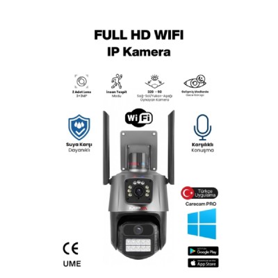  3 MP + 3 MP Çift Lens Wi-Fi TF Kart Girişli Güvenlik Kamerası 