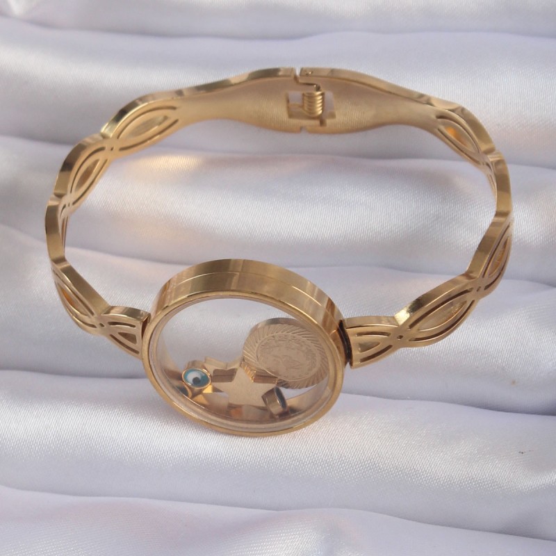 316L Çelik Altın Renk İçi Nazar Boncuk ve Yıldız Figürlü Açılabilir Fanus Kelepçe