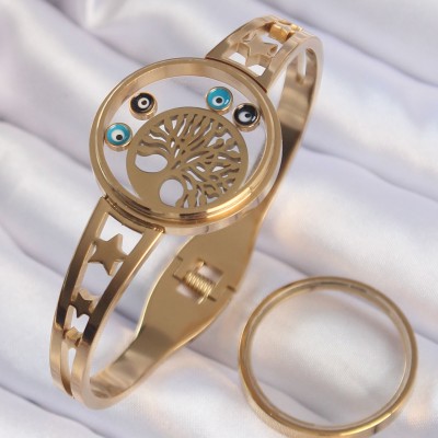 316L Çelik Altın Renk İçi Yaşam Ağacı ve Nazar Boncuk Figürlü Açılabilir Fanus Kelepçe