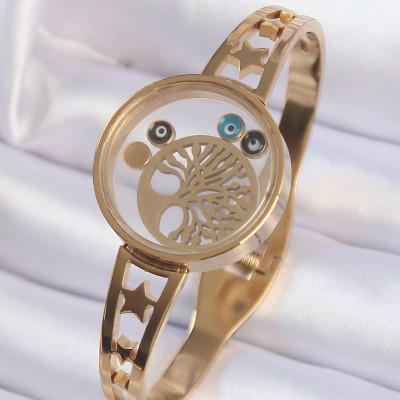 316L Çelik Altın Renk İçi Yaşam Ağacı ve Nazar Boncuk Figürlü Açılabilir Fanus Kelepçe