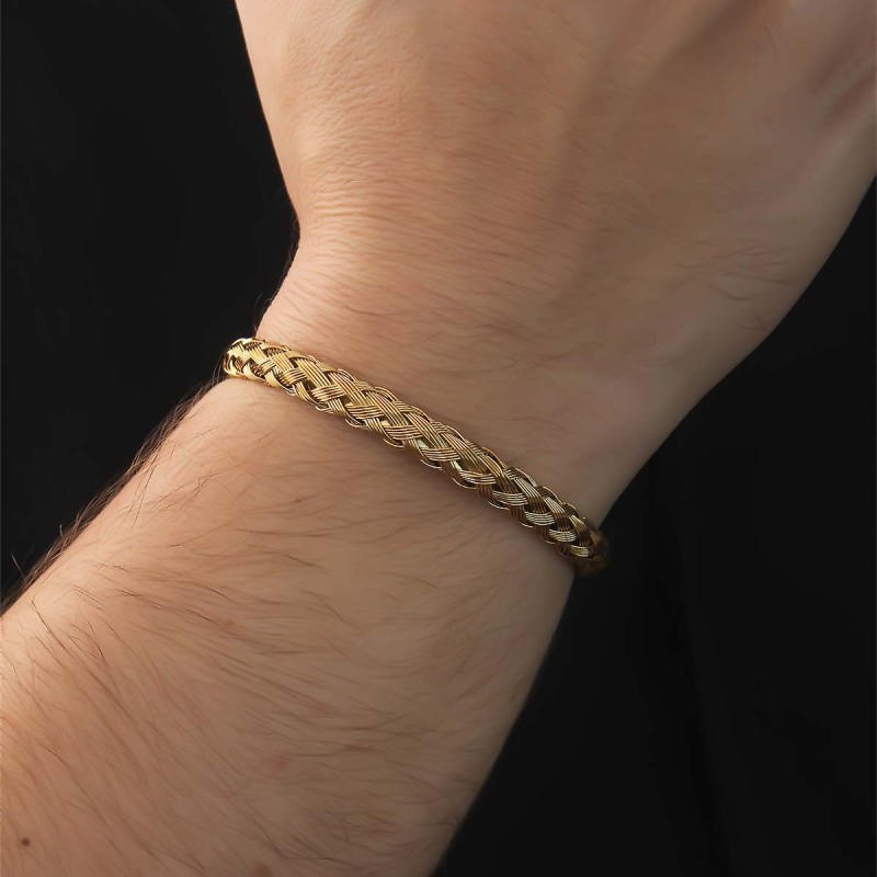 316L Çelik Altın Renk Kalın Yassı Örgü Model Erkek Bileklik
