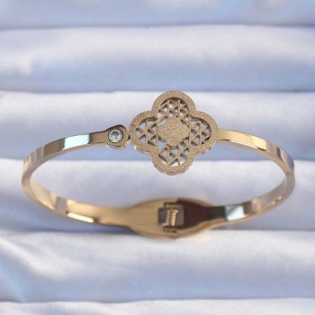 316L Çelik Altın Renk Zirkon Taşlı Simli Yonca Kelepçe