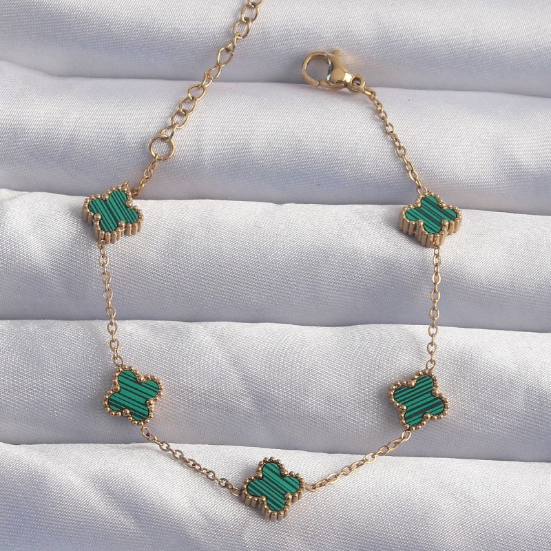 316L Çelik Baby Boy Gold Renk Çizgili Yeşil Mineli Yonca Bileklik