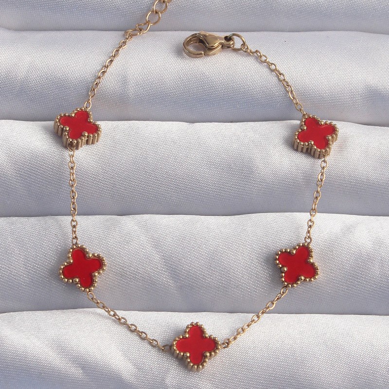 316L Çelik Baby Boy Gold Renk Kırmızı Mineli Yonca Bileklik