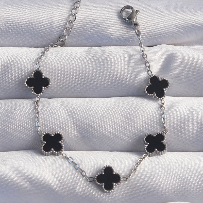 316L Çelik Baby Boy Gümüş Renk Siyah Mineli Yonca Bileklik