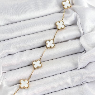 316L Çelik Beyaz Sedef Yonca Model Gold Renk Kadın Bileklik