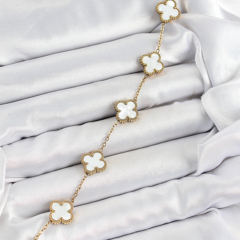 316L Çelik Beyaz Sedef Yonca Model Gold Renk Kadın Bileklik