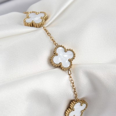 316L Çelik Beyaz Sedef Yonca Model Gold Renk Kadın Bileklik