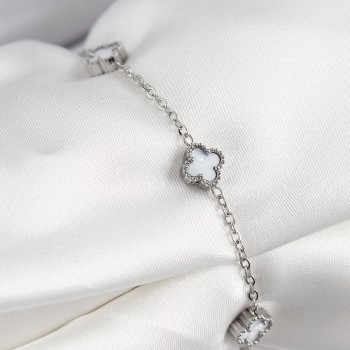 316L Çelik Beyaz Sedef Yonca Model Gümüş Renk Kadın Bileklik