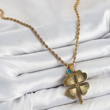 316L Çelik Burgu Zincirli Nazar Detaylı Yonca Model Gold Renk Kadın Kolye