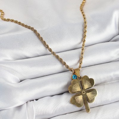 316L Çelik Burgu Zincirli Nazar Detaylı Yonca Model Gold Renk Kadın Kolye