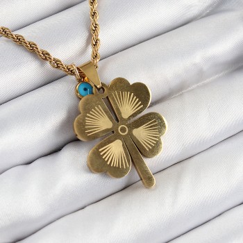 316L Çelik Burgu Zincirli Nazar Detaylı Yonca Model Gold Renk Kadın Kolye