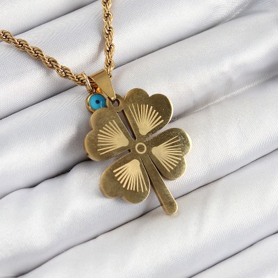 316L Çelik Burgu Zincirli Nazar Detaylı Yonca Model Gold Renk Kadın Kolye