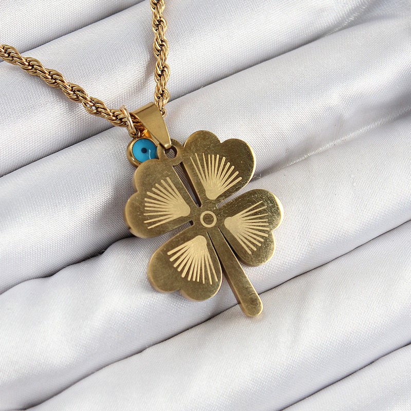 316L Çelik Burgu Zincirli Nazar Detaylı Yonca Model Gold Renk Kadın Kolye