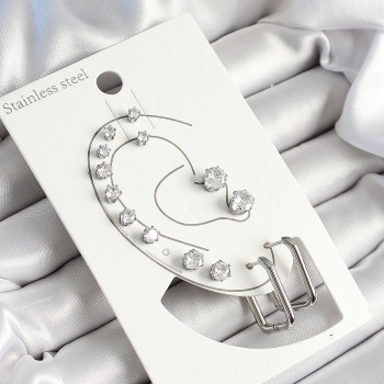 316L Çelik Dikdörtgen Figürlü Ve Zirkon Taşlı Gümüş Renk 7'li Çift Kadın Küpe Set