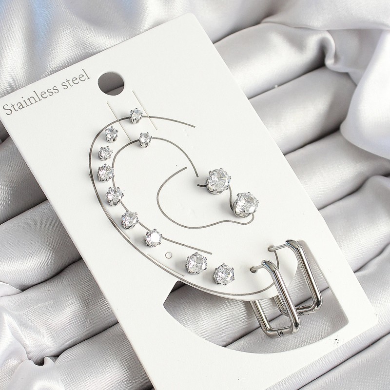 316L Çelik Dikdörtgen Figürlü Ve Zirkon Taşlı Gümüş Renk 7'li Çift Kadın Küpe Set