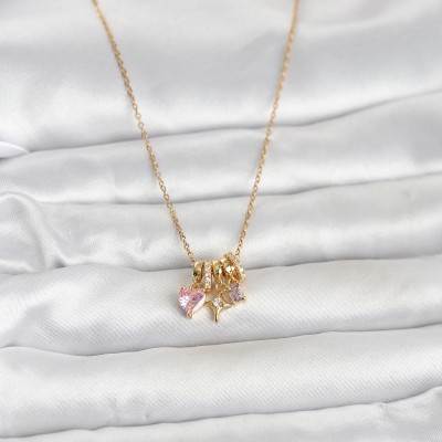 316L Çelik Gold Pembe Zirkon Taşlı Charmlı Kadın Kolye
