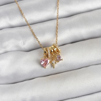316L Çelik Gold Pembe Zirkon Taşlı Charmlı Kadın Kolye