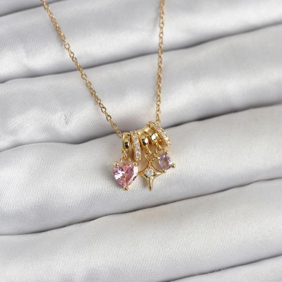 316L Çelik Gold Pembe Zirkon Taşlı Charmlı Kadın Kolye