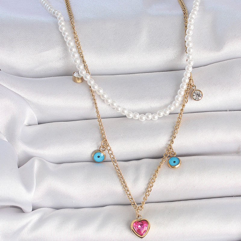 316L Çelik Gold Renk 2'Li İnci Zincir Model Pembe Taşlı Kalp Figür Nazar Boncuk Detay Kadın Kolye