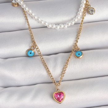 316L Çelik Gold Renk 2'Li İnci Zincir Model Pembe Taşlı Kalp Figür Nazar Boncuk Detay Kadın Kolye