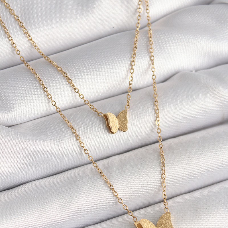 316L Çelik Gold Renk 2'Li Simli Kelebek Model Kadın Kolye