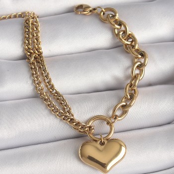 316L Çelik Gold Renk 2'Li Zincir Model Kalp Figür Kadın Bileklik
