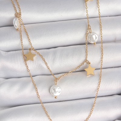 316L Çelik Gold Renk 2'Li Zincir Sallantı Yıldız İnci Model Kadın Kolye