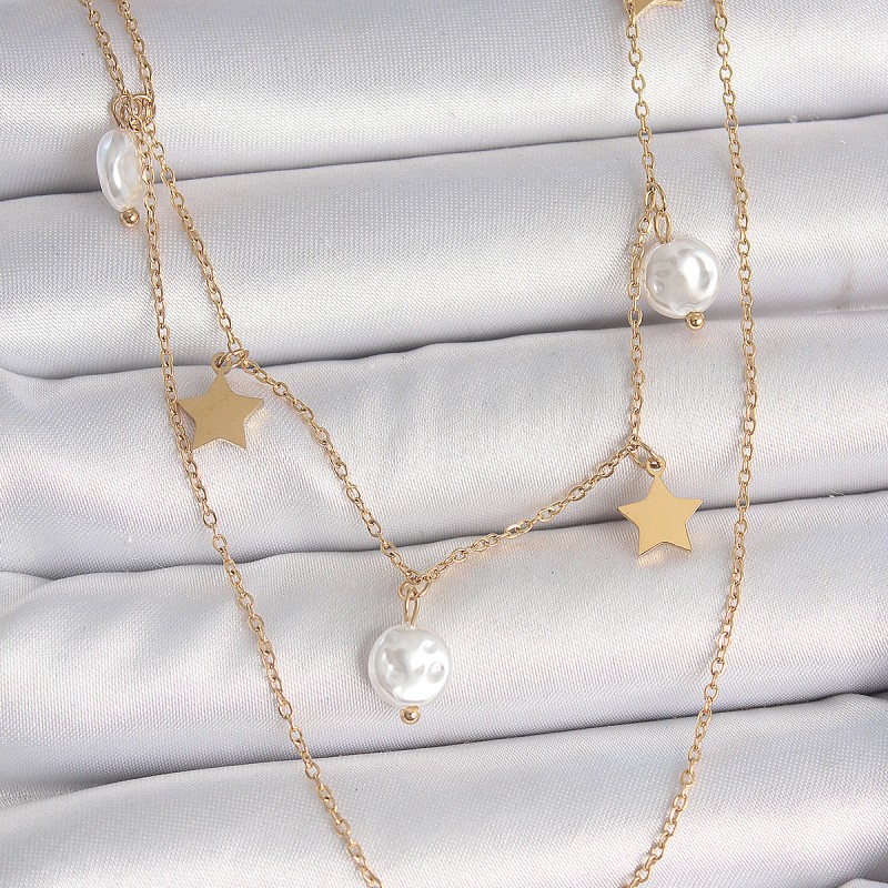 316L Çelik Gold Renk 2'Li Zincir Sallantı Yıldız İnci Model Kadın Kolye